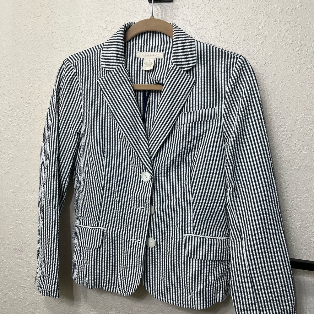 Sandro Striped Seersucker Blazer - Navy & White